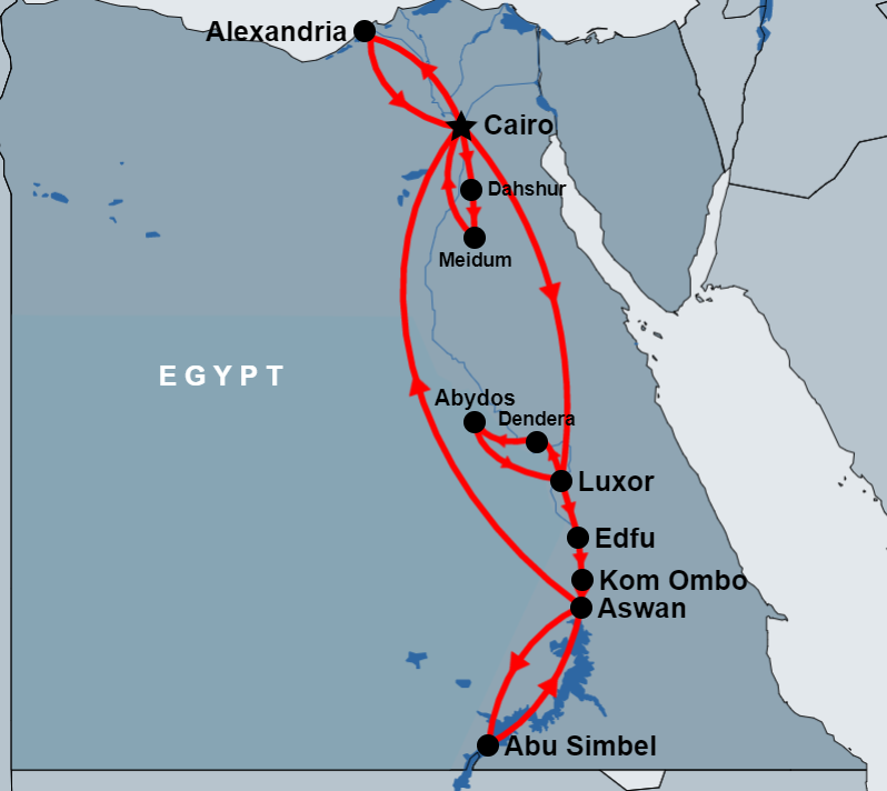 13 Day Cairo, Alexandria, Luxor , Abydos, Aswan and Abu Simbel map 13 Day Cairo, Alexandria, Luxor , Abydos, Aswan and Abu Simbel map